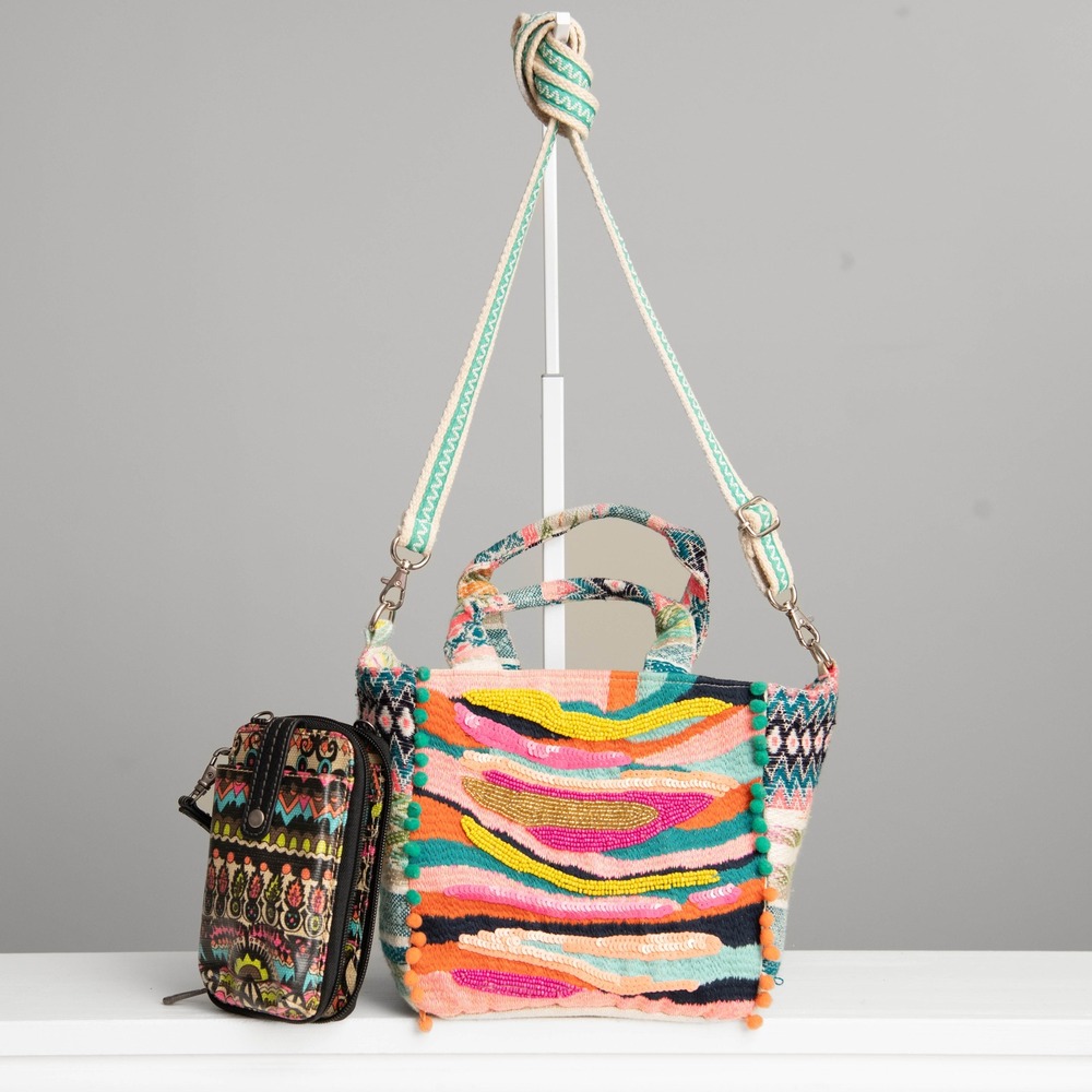 Colorful Beaded Woven Crossbody Bag & Sakroots Wallet Neon Tribal Eclectic Boho